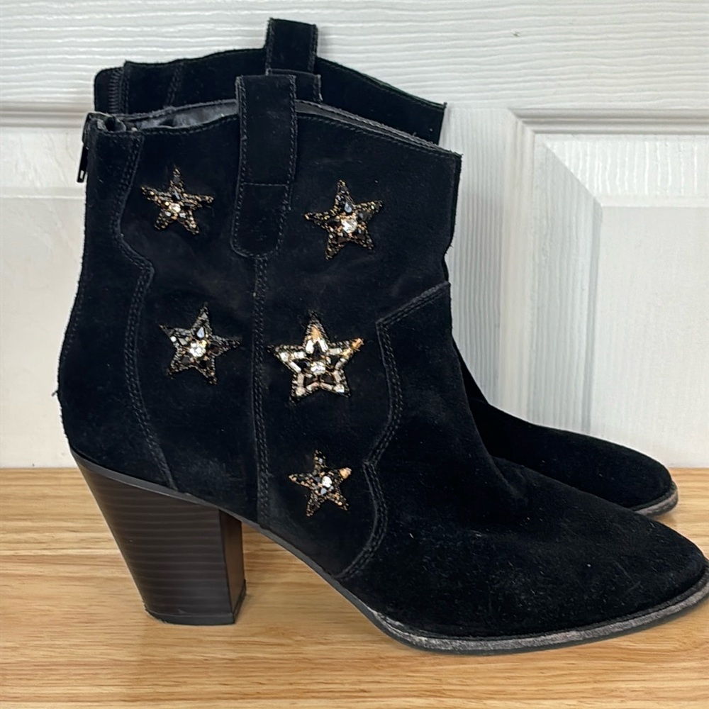 Anna Sui Black Suede Ankle Cowboy Boots w/Silver Star Accents 9.5